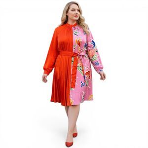 FATE Orange & Pink Floral Print Pleated Tie Waist Dress, New With Tags, Size 1X